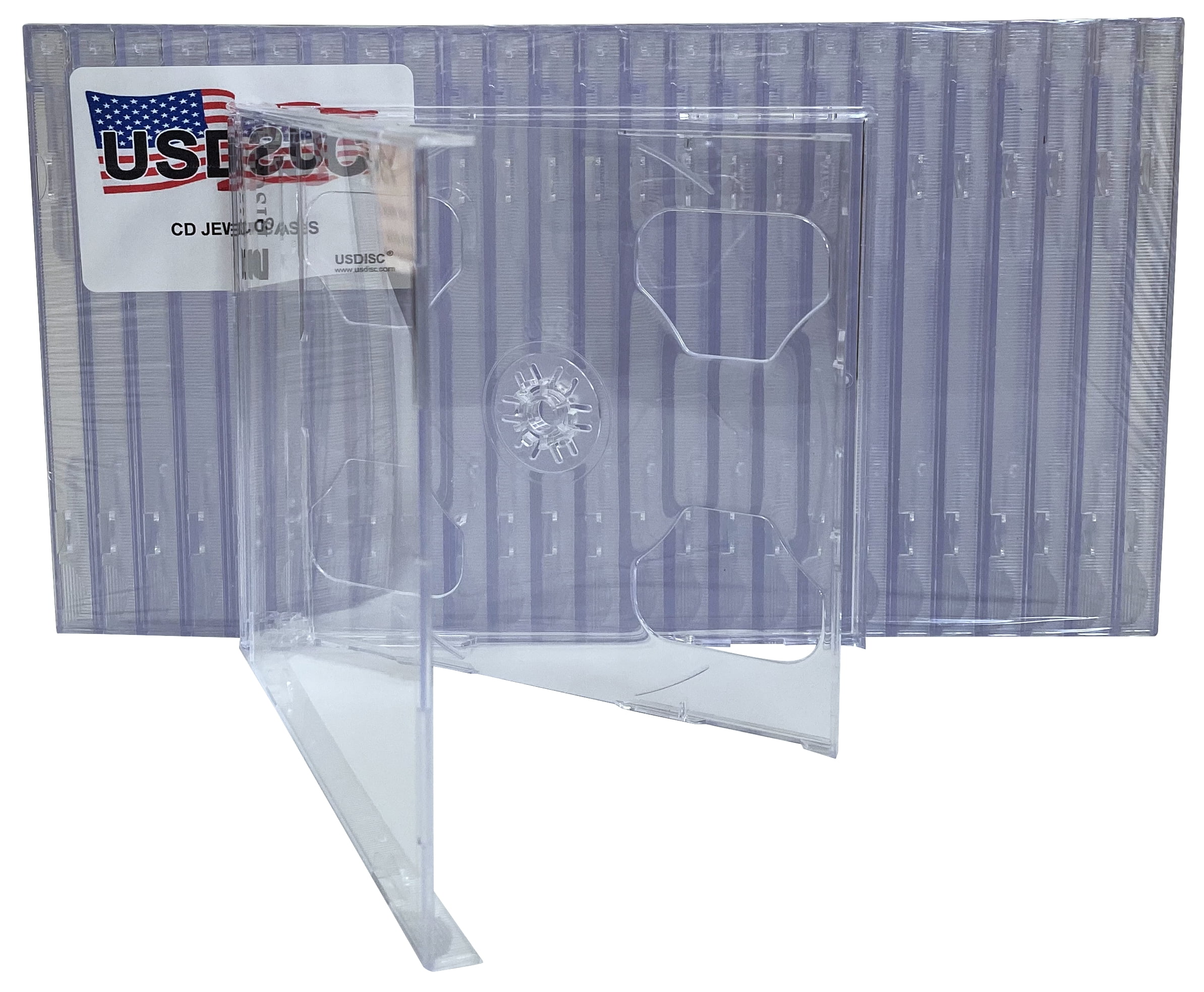 USDISC CD Jewel Cases Standard 10.4mm Smart Tray, Double 2 Disc, Clear, Pack Of 10