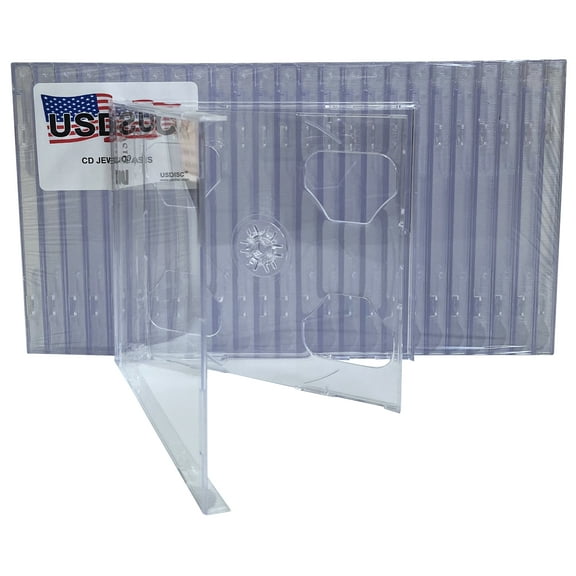 USDISC CD Jewel Cases Standard 10.4mm Smart Tray, Double 2 Disc, Clear, Pack Of 10