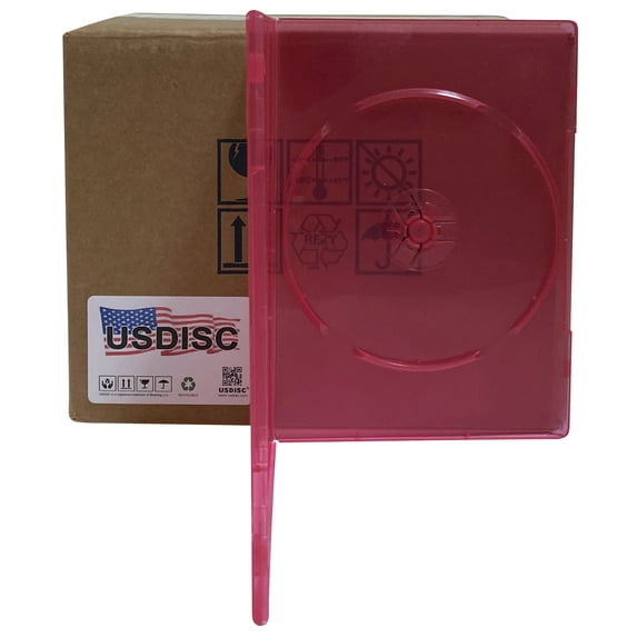 USDISC DVD Cases Slimline 7mm Premium, Single 1 Disc, Clear Red, Pack Of 100