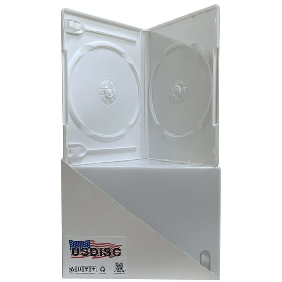 USDISC DVD Cases Standard 14mm Premium, Double 2 Disc, White, Pack Of 25
