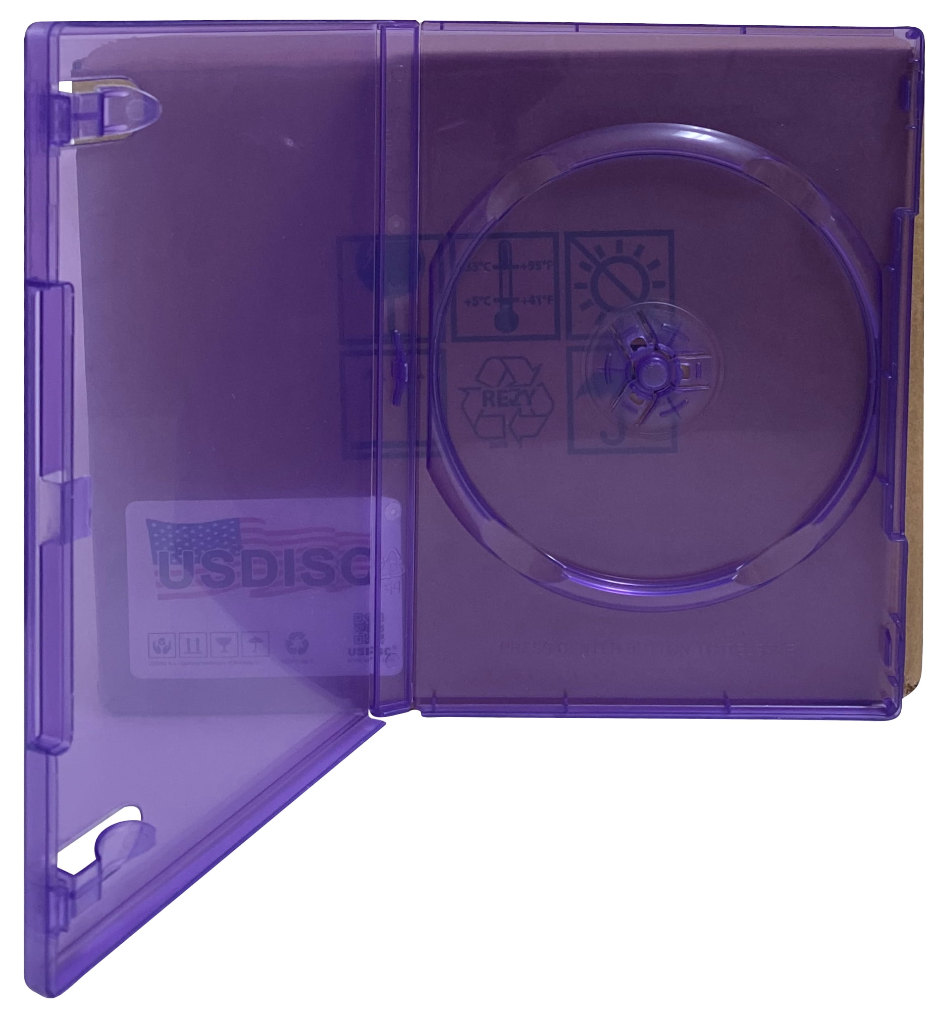 USDISC DVD Cases Standard 14mm Premium, Single 1 Disc, Clear Purple, Pack Of 10