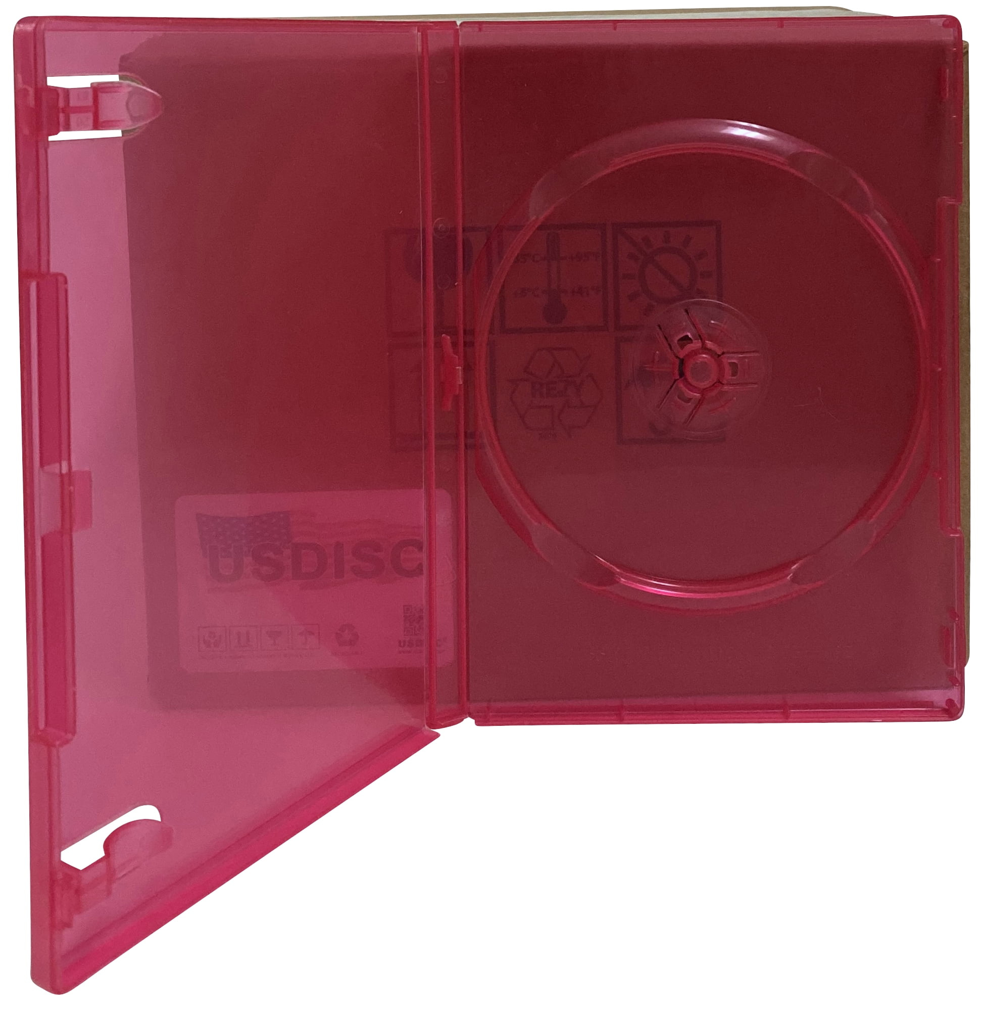 USDISC DVD Cases Standard 14mm Premium, Single 1 Disc, Clear Red, Pack Of 50