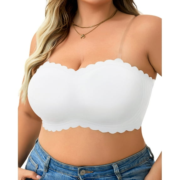 USEASY Strapless Bra for Women Plus Size Non-Slip Padded Bandeau Bras Comfortable Wavy Edge Tube Top Bralette