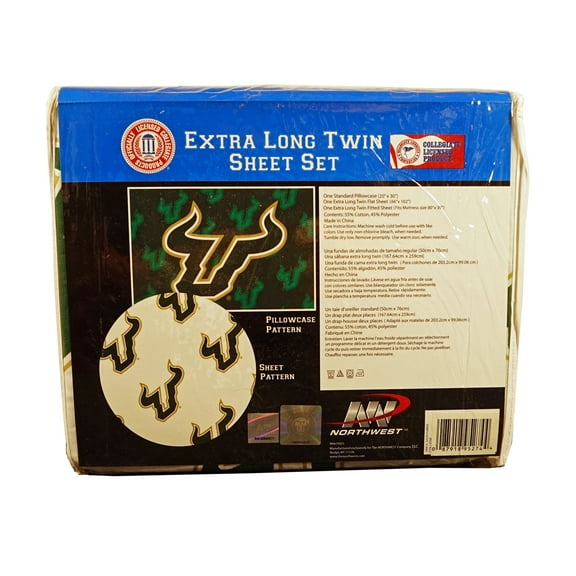 USF University of South Florida NCAA Bulls Extra Long Twin Sheet Set with Pillow Case