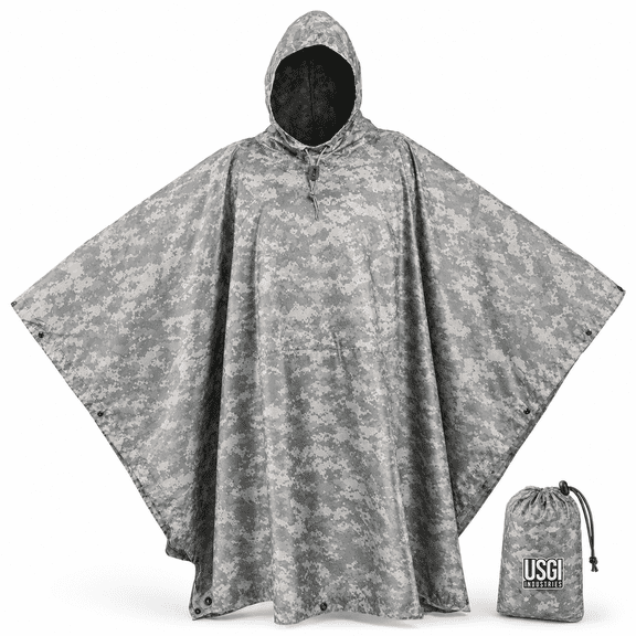 USGI Industries Multi-Use Ripstop Camouflage Rain Poncho - Emergency Tent, Shelter, Survival (ACU)