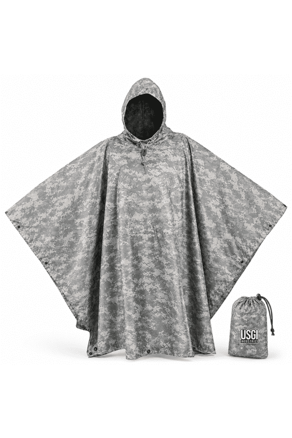 Multi-Use Ripstop Camouflage Rain Poncho - Emergency Tent, Shelter, Survival (ACU)