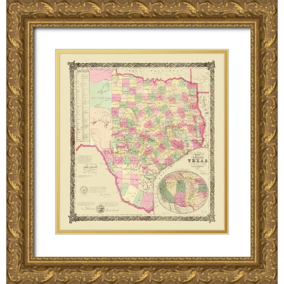 USGLO 15x16 Gold Ornate Wood Framed with Double Matting Museum Art Print Titled - Texas - USGLO 1867