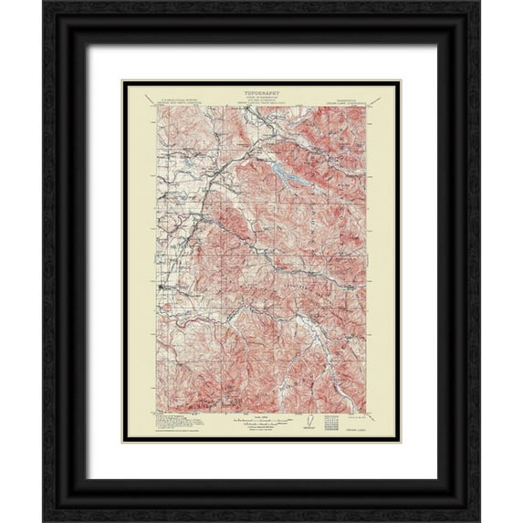 USGS 12x14 Black Ornate Wood Framed with Double Matting Museum Art Print Titled - Cedar Lake Washington Quad - USGS 1913