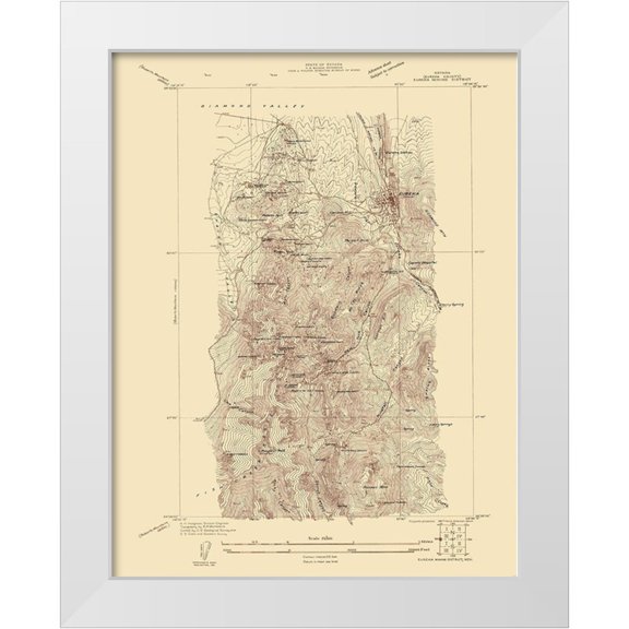 USGS 12x14 White Modern Wood Framed Museum Art Print Titled - Eureka Mining District Nevada Sheet - USGS 1927