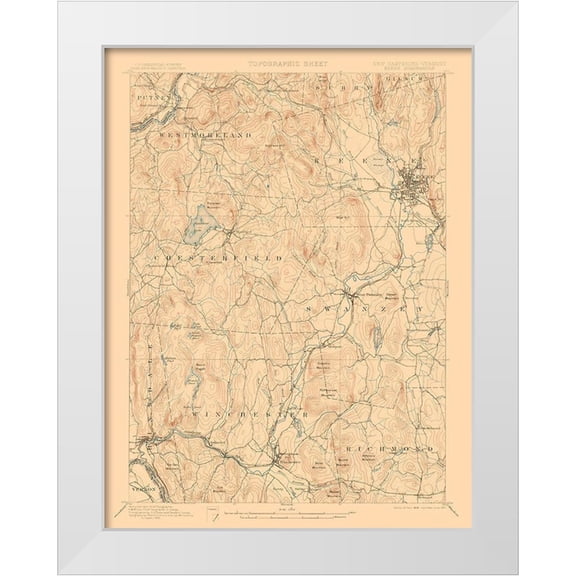 USGS 12x14 White Modern Wood Framed Museum Art Print Titled - Keene New Hampshire Quad - USGS 1898