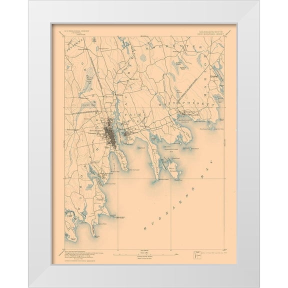 USGS 12x14 White Modern Wood Framed Museum Art Print Titled - New Bedford Massachusetts Sheet - USGS 1893