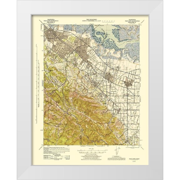USGS 12x14 White Modern Wood Framed Museum Art Print Titled - Palo Alto California Quad - USGS 1943