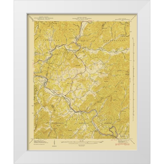 USGS 12x14 White Modern Wood Framed Museum Art Print Titled - Whittier North Carolina Quad - USGS 1935