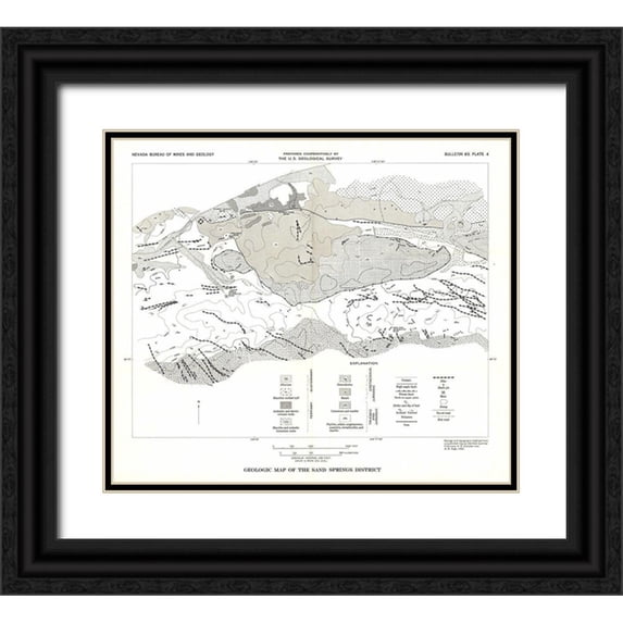 USGS 13x12 Black Ornate Wood Framed with Double Matting Museum Art Print Titled - Sand Springs District Nevada Mines - USGS 1951