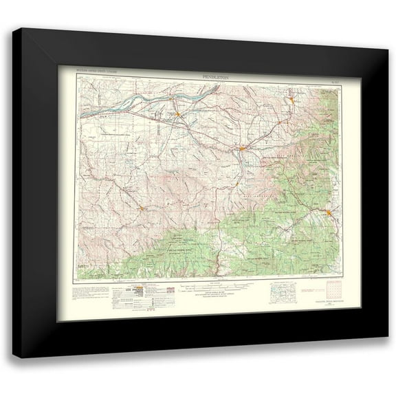 USGS 14x12 Black Modern Framed Museum Art Print Titled - Pendleton Oregon Washington Quad - USGS 1964