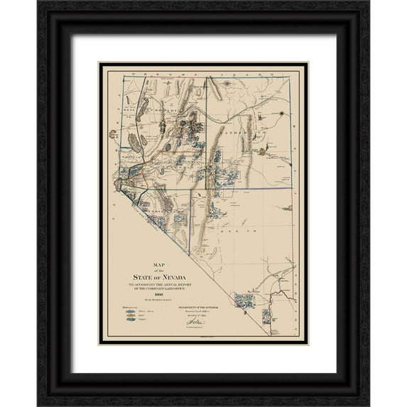 USGS 14x18 Black Ornate Wood Framed with Double Matting Museum Art Print Titled - Gold Silver Copper Mines Nevada - USGS 1866