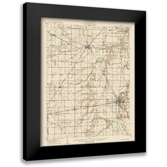 USGS 15x18 Black Modern Framed Museum Art Print Titled - Upper Sandusky Ohio Quad - USGS 1907