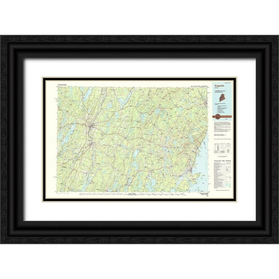 USGS 18x13 Black Ornate Wood Framed with Double Matting Museum Art Print Titled - Augusta Maine Quad - USGS 1984