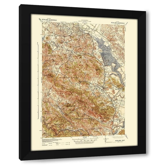 USGS 19x24 Black Modern Wood Framed Wall Art Titled - Petaluma California Quad - USGS 1942