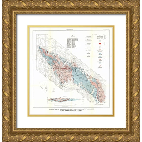USGS 20x21 Gold Ornate Wood Framed with Double Matting Museum Art Print Titled - Pioche District Castleton Ore Channel NV Mines