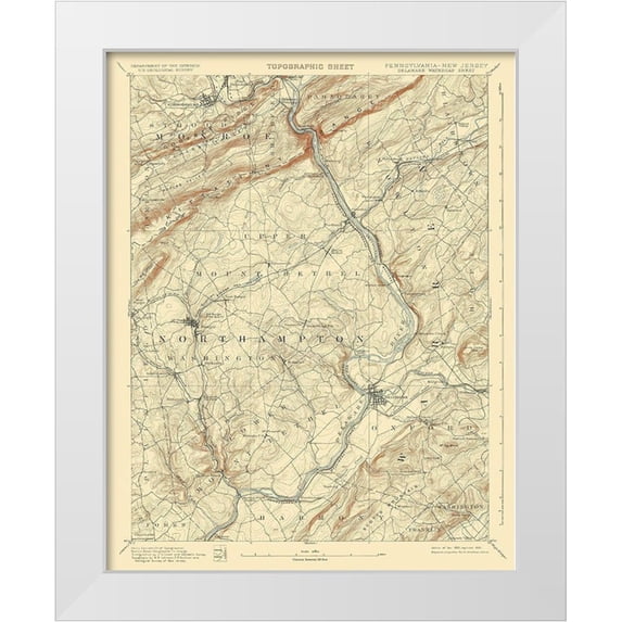 USGS 20x24 White Modern Wood Framed Museum Art Print Titled - Delaware Watergap Pennsylvania New Jersey Sheet
