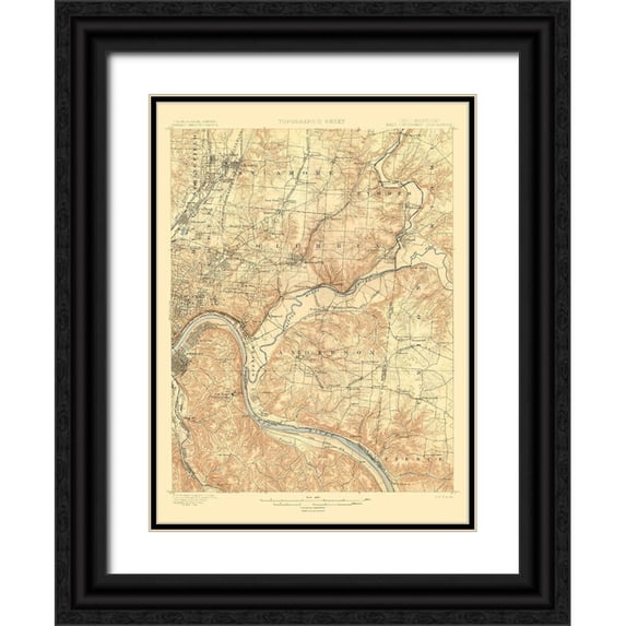 USGS 25x32 Black Ornate Wood Framed with Double Matting Museum Art Print Titled - Cincinnati East Ohio Kentucky Quad - USGS 1900