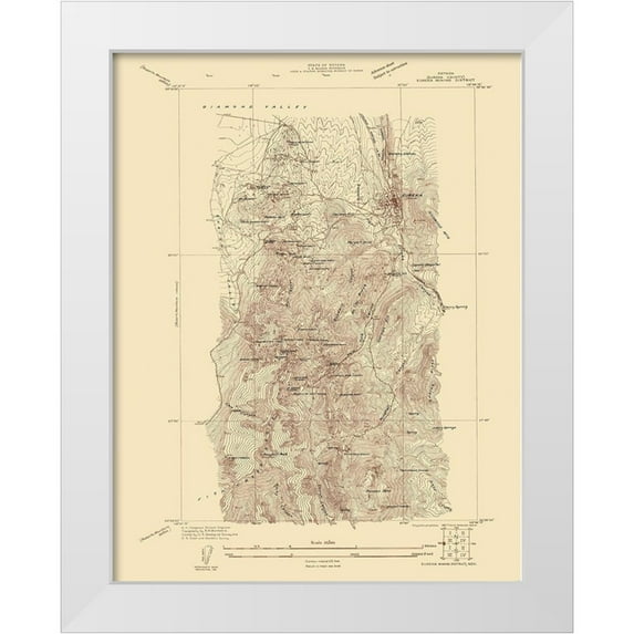 USGS 26x32 White Modern Wood Framed Museum Art Print Titled - Eureka Mining District Nevada Sheet - USGS 1927