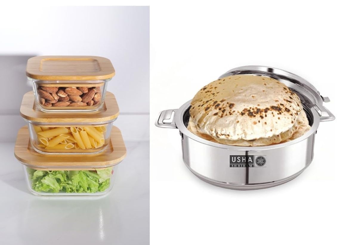 USHA SHRIRAM Borosilicate Food Container 3Pcs 320ml 520ml 800ml ...