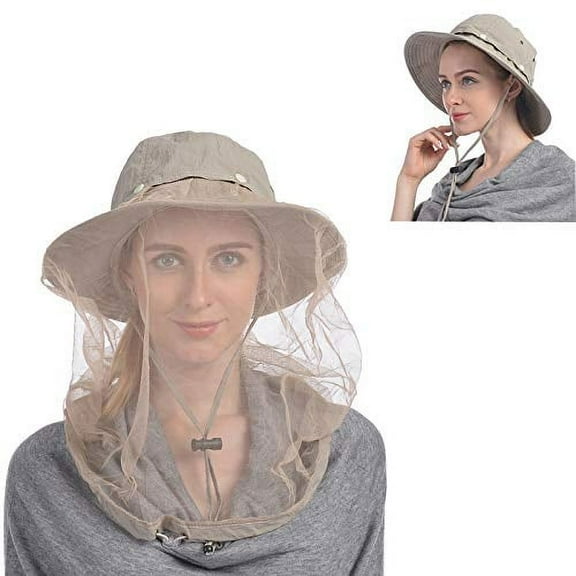 USHAKE Head Net Hat, Safari Hat Sun Hat Bucket Hat with Hidden Net Mesh Khaki