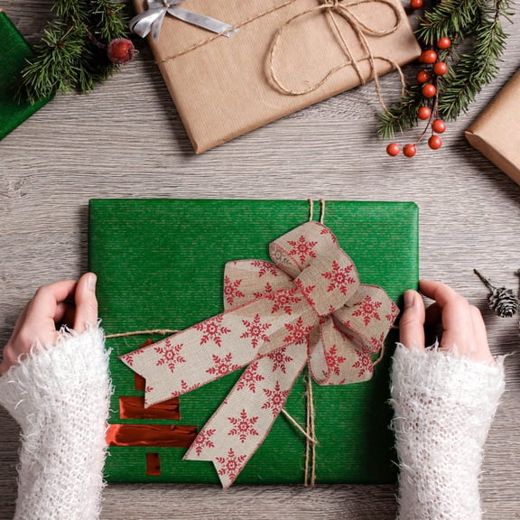 USHOBE 5Pcs Khaki Burlap Bows with Snowflake Pattern for Rustic Holiday Decor and DIY Craft Projects