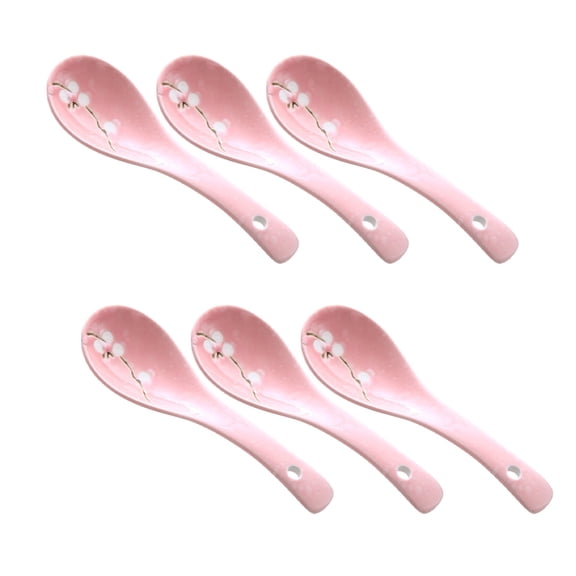 USHOBE 6Pcs Pink Ceramic Dessert Spoons Kitchen Flatware for Home Eating and Portable Use