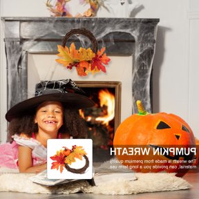 USHOBE Maple Leaf Hanging Wreath with Realistic Pumpkin Garland for Fall Seasonal Home Decoration