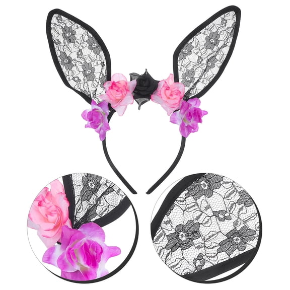 USHOBE Rabbit Ear Headband Black Lace Cloth Plastic for Themed Events