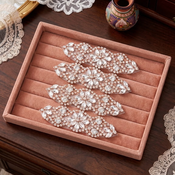 USHOBE Rose Plated Gold Rhinestone Sash Patches for Bridal Dress Decoration 4Pcs
