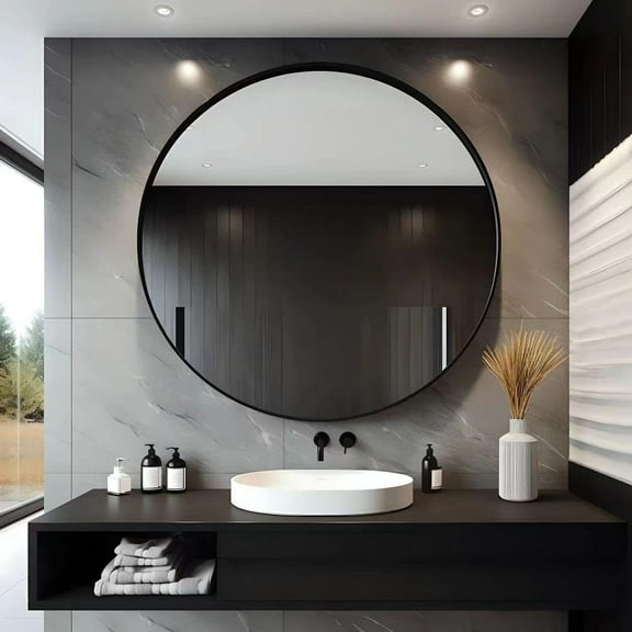 USHOWER 36" Black Round Mirror  Metal Frame Circle Vanity Glass for Over-Sink, Entry, Hall, Bedroom