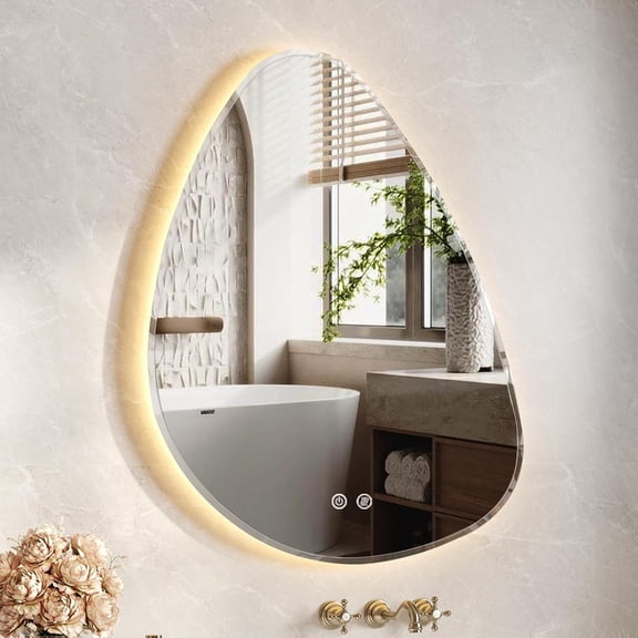 USHOWER LED Bathroom Mirror, 26"x32" Irregular Vanity Mirror with Lights for Bathroom, Backlit, Wall Mounted, Anti-Fog, 3 Colors and Dimmable Light, Horizontal/Vertical, Asymmetrical Decorative