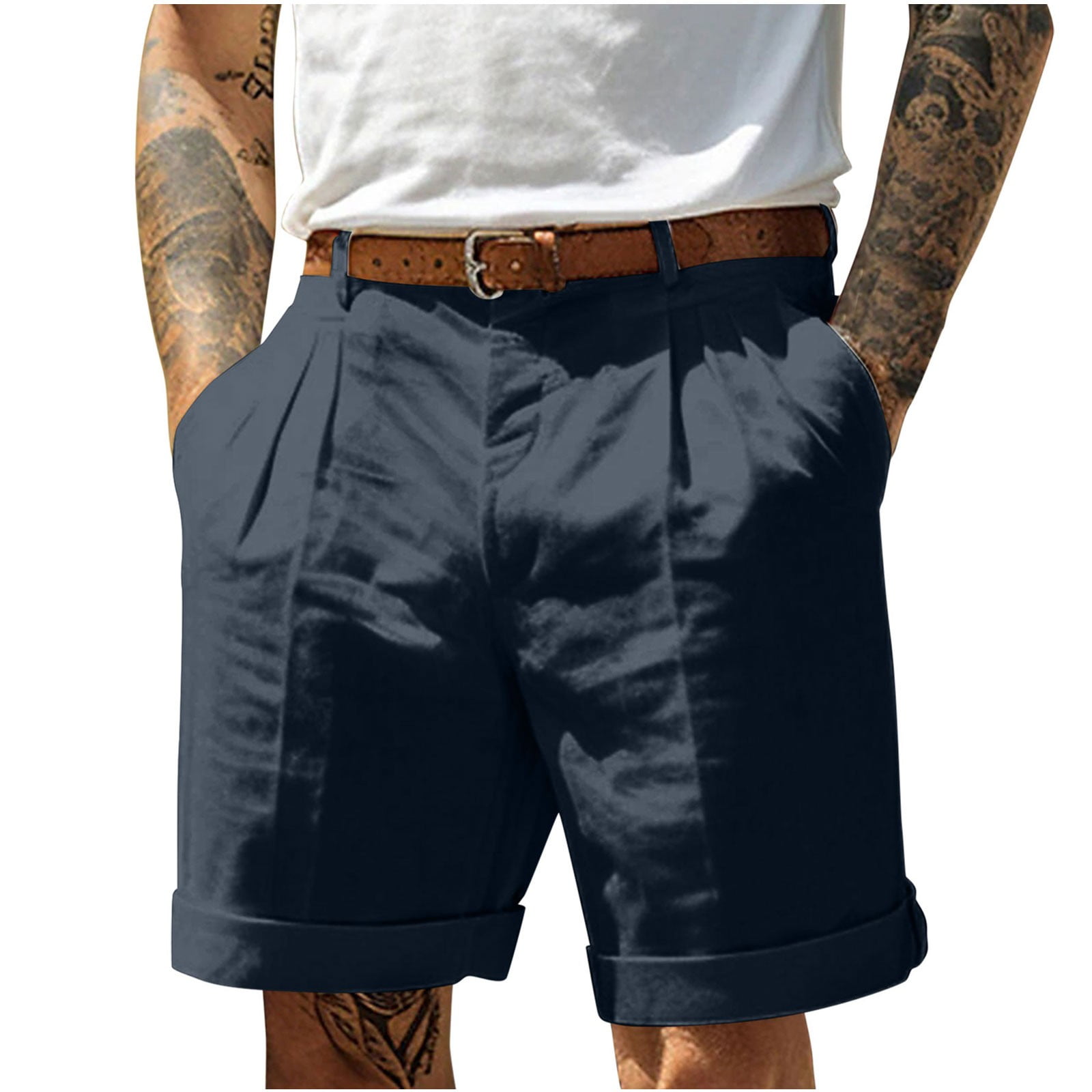 USHUN Men's Athletic Shorts 7'' Inseam Khaki Shorts Slim Fit Elastic