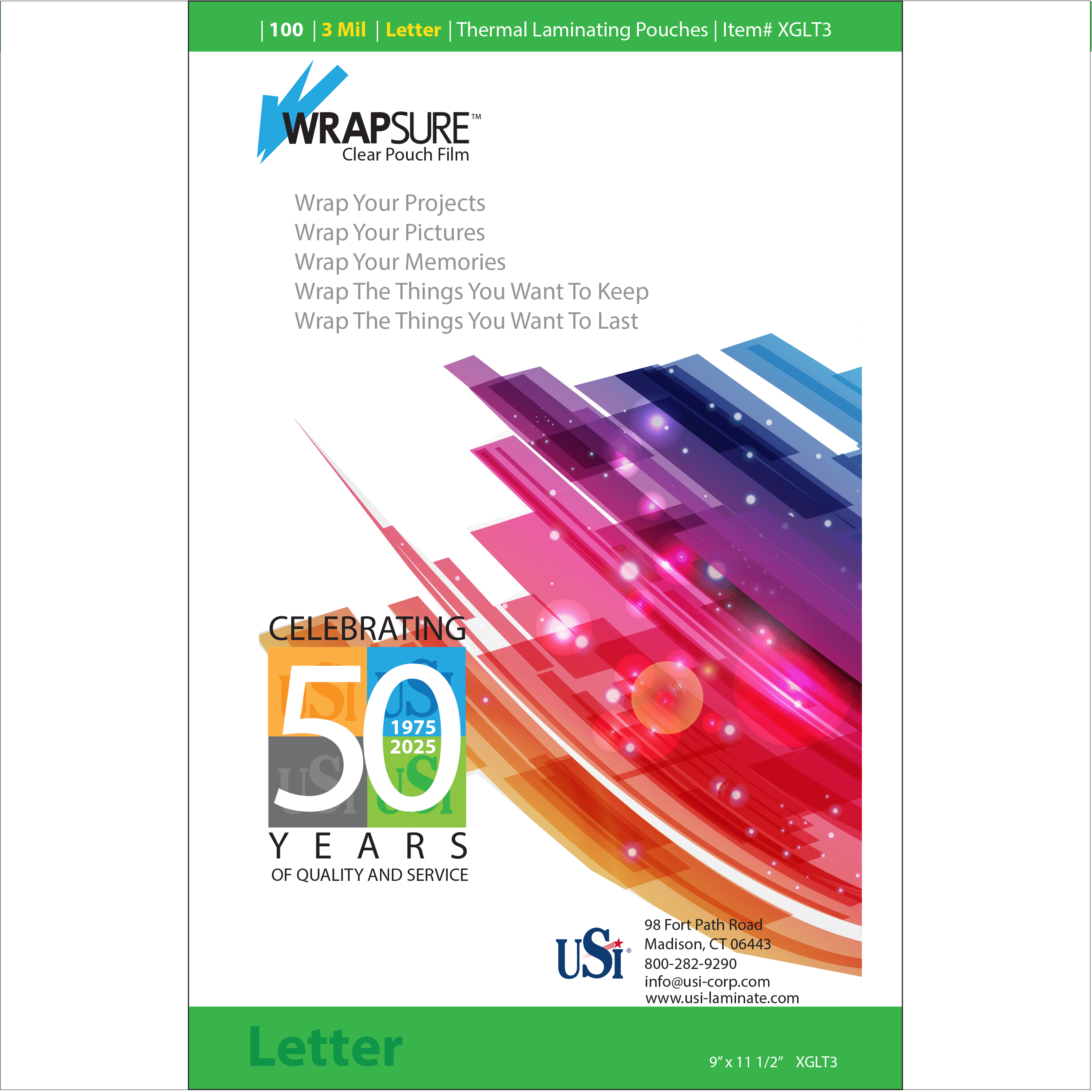 USI WrapSure Thermal Laminating Pouches / Sheets, 9"x11-1/2", Letter Size, 3 Mil, Clear Gloss, Box of 100