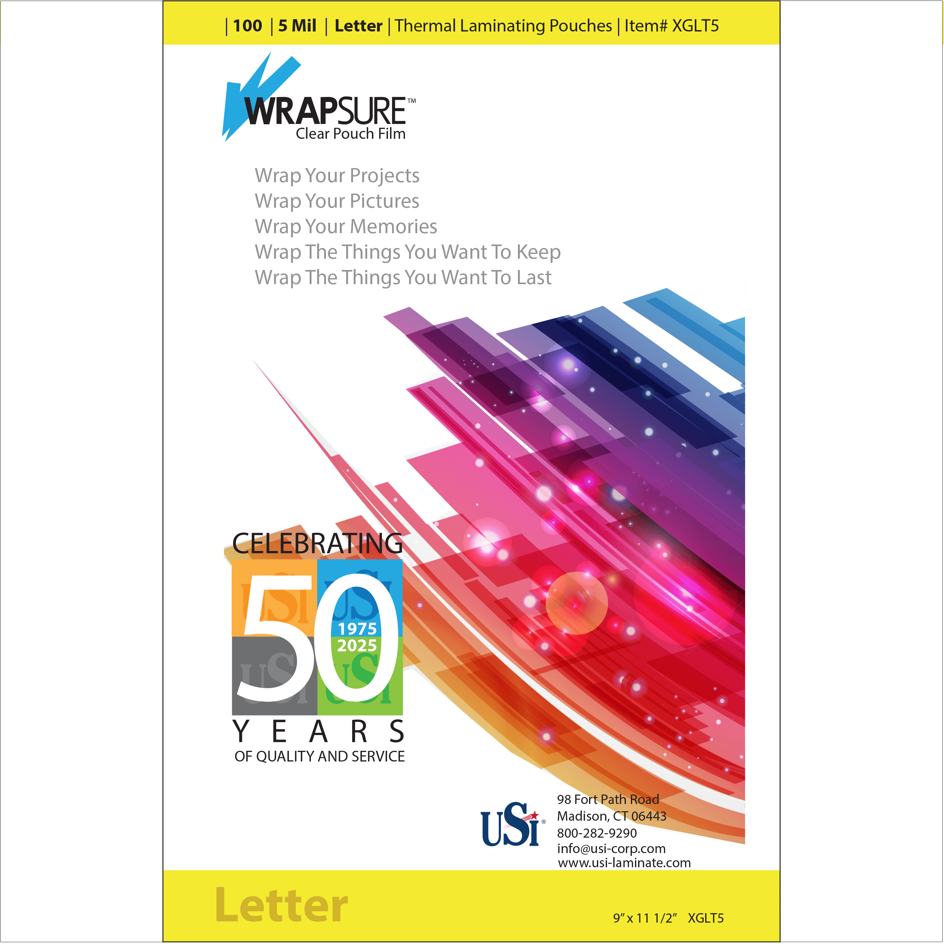 USI WrapSure Thermal Laminating Pouches / Sheets, 9"x11-1/2", Letter Size, 5 Mil, Clear Gloss, Box of 100