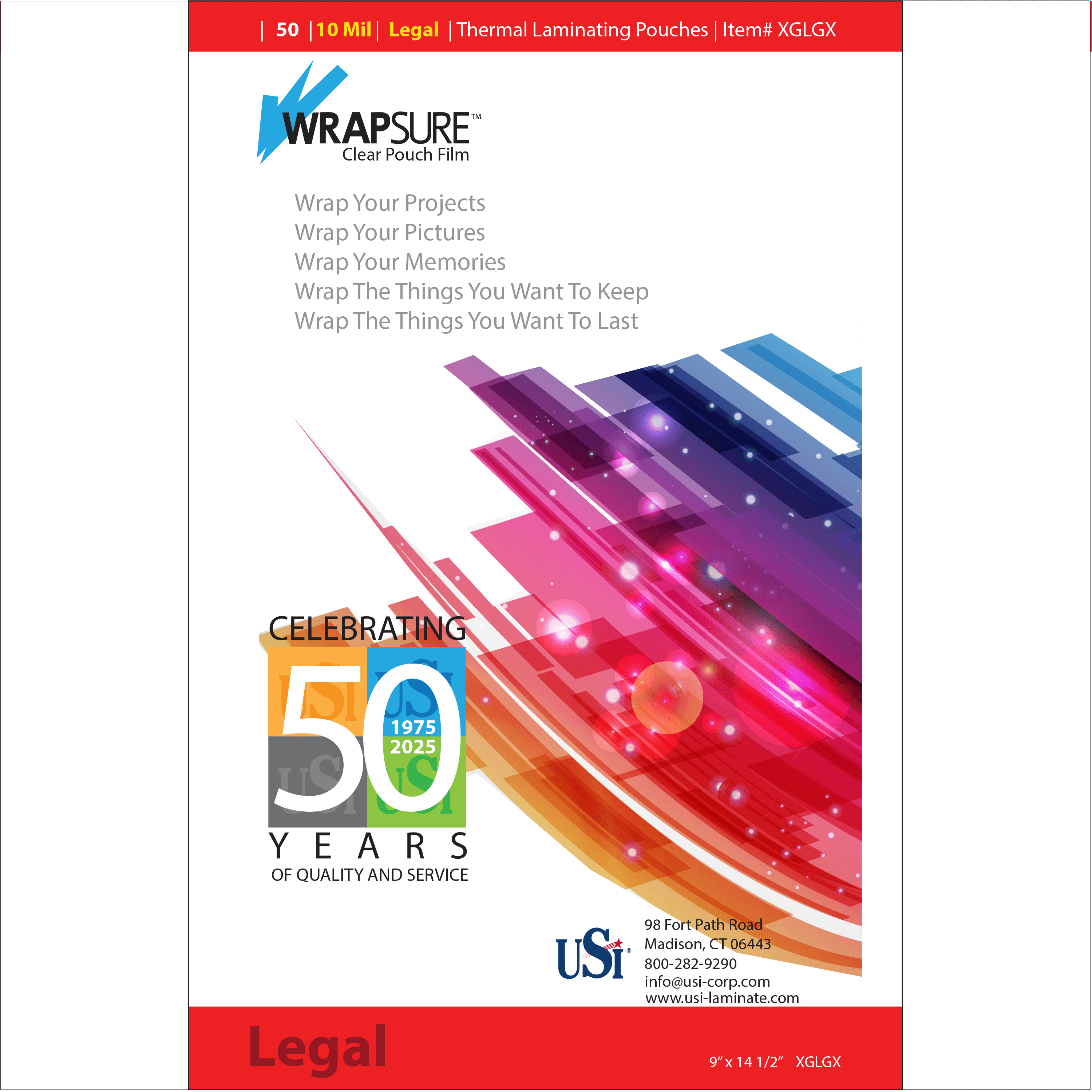 USI WrapSure Thermal Laminating Pouches / Sheets, 9"x14-1/2", Legal Size, 10 Mil, Clear Gloss, Box of 50
