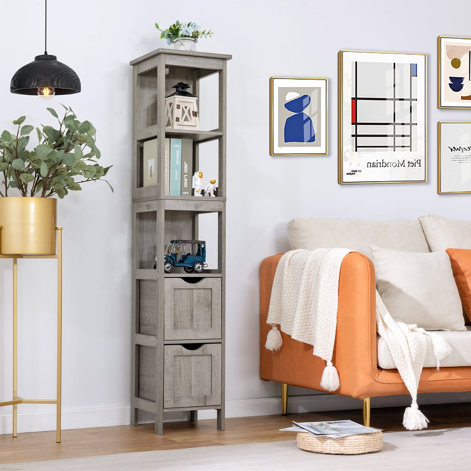 USIKEY 3 Tier Shelf Floor Storage Cabinet with 2 Drawers, 55.7 Inches Tall Wooden Cabinet, Free Standing Linen Tower for Kitchen, Living Room, Easy Assembly, Grey