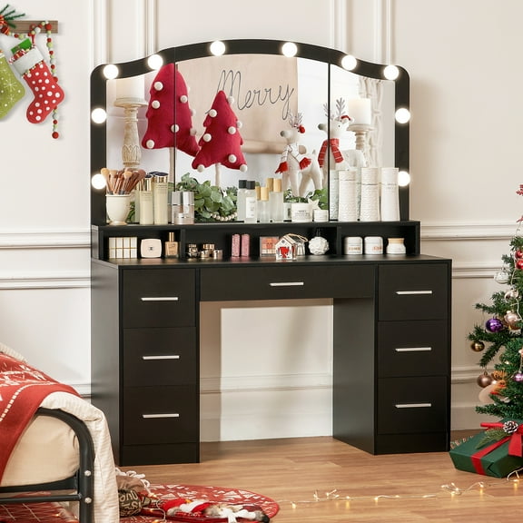 USIKEY Bedroom LED Lights Makeup Desk, and Mirror Table Set, Black