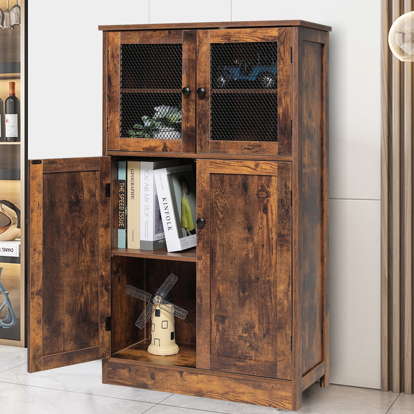 USIKEY Large Storage Cabinet with 4 Doors, Retro Floor Cabinet with Adjustable Shelf, 42.9”H x 23.6”L x 11.8”W, for Bedroom, Living Room, Rustic Brown