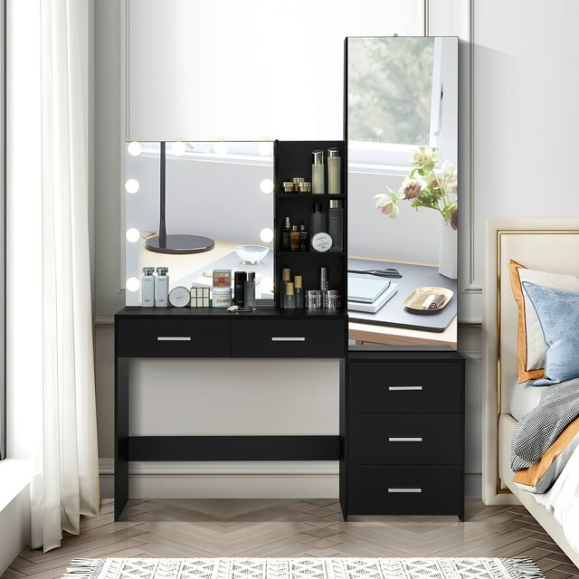 USIKEY Large Vanity Desk with 10 Lights Bulbs FullLength Mirror makeup