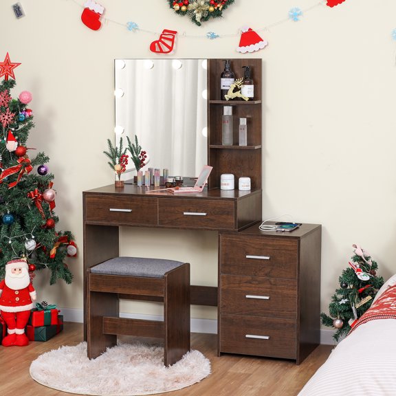 USIKEY Vanity Makeup Table, LED Light Mirror, and Cushioned Stool Table Set, Brown