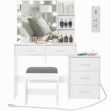 Homesflex Vanity Desk with mirror, LED lights, power outlet, 43'' width ...