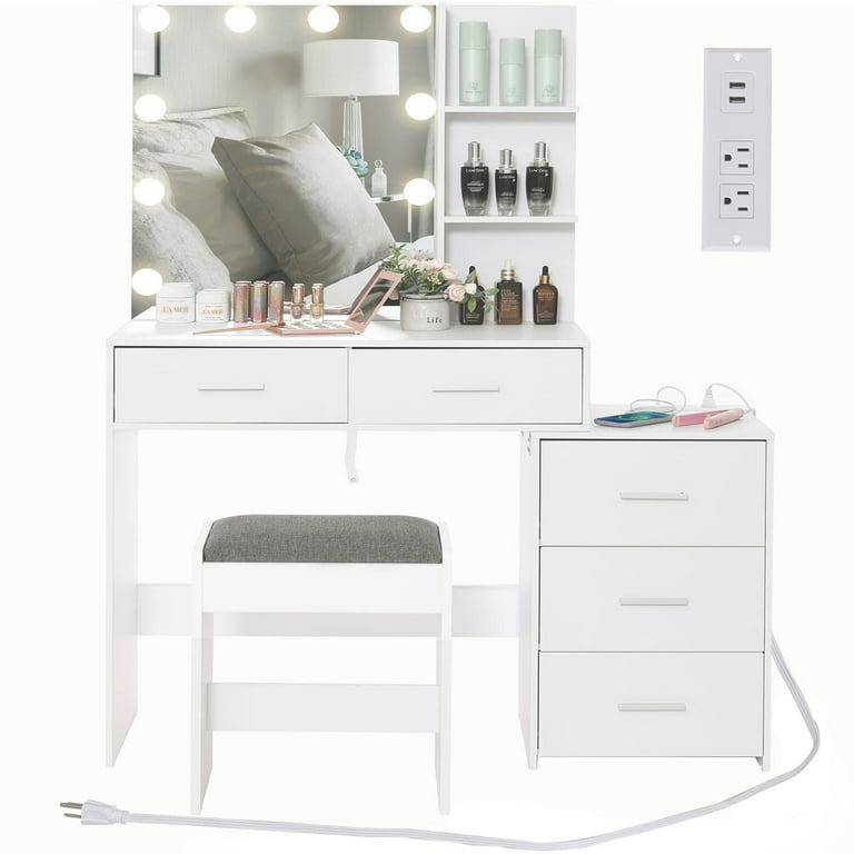 USIKEY Large Vanity Set with 10 LED Lights and Charging Station Makeup Vanity Dressing Table with USB Ports and Outlets Vanity Table Set with 5