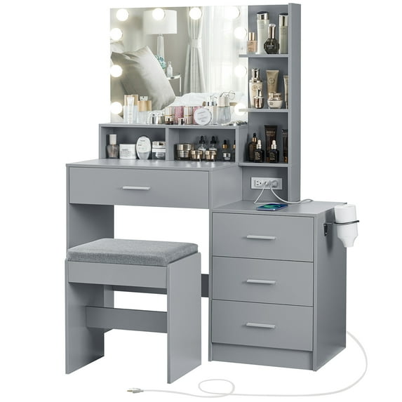 USIKEY Large Vanity Table Set with Lighted Mirror & Charging Station, Makeup Vanity Dressing Table with 4 Storage Shelves and 4 Drawers