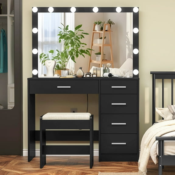 USIKEY Makeup Vanity Large Lighted Mirror 12 Lights Charging Station Vanity Table Set Black