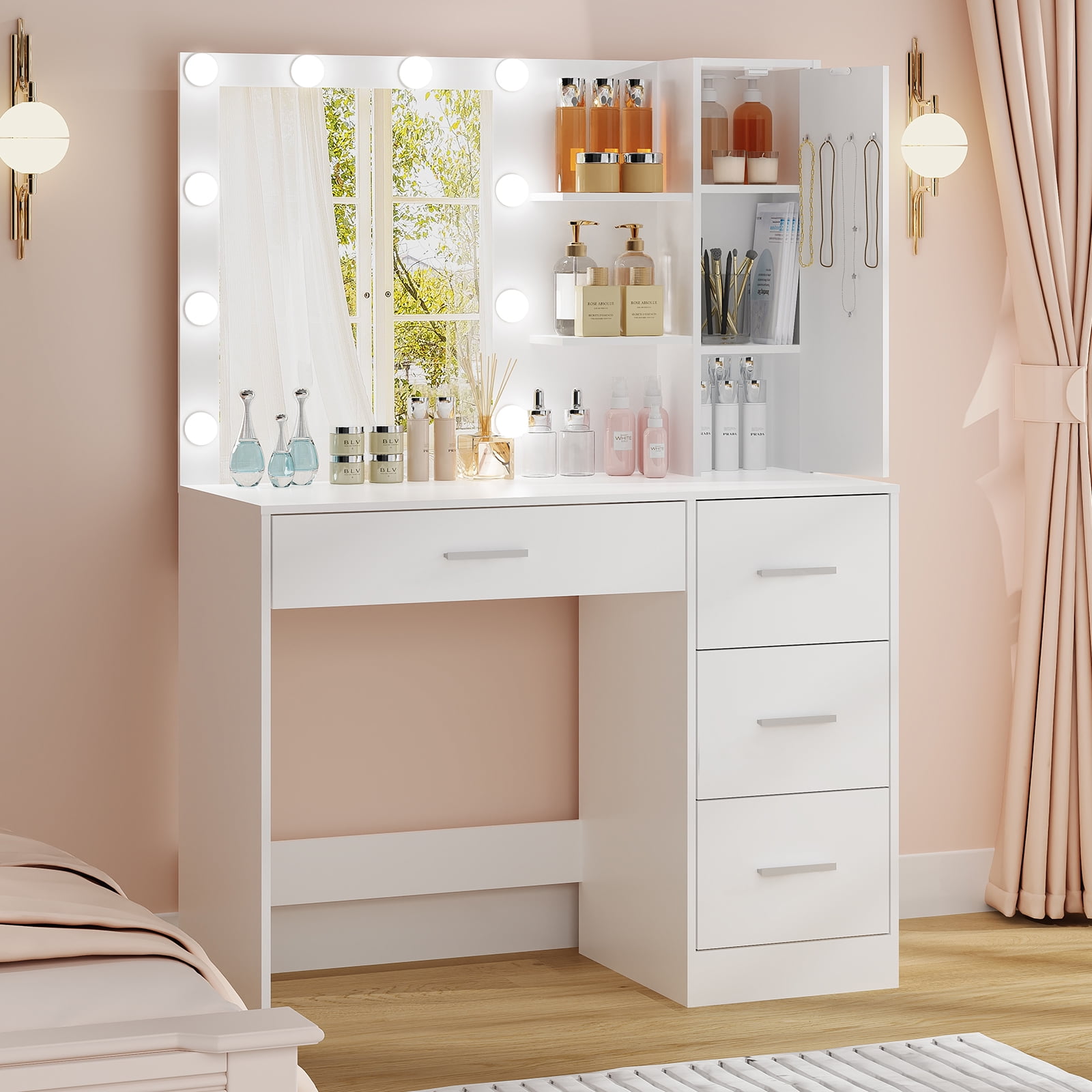 USIKEY Makeup Vanity with Lighted Mirror, Vanity Desk with 4 Drawers ...